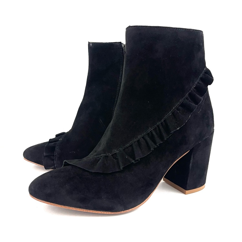 Latigo Kahlia Black Suede Boot with Ruffle Detail Block Heel Ankle Booties